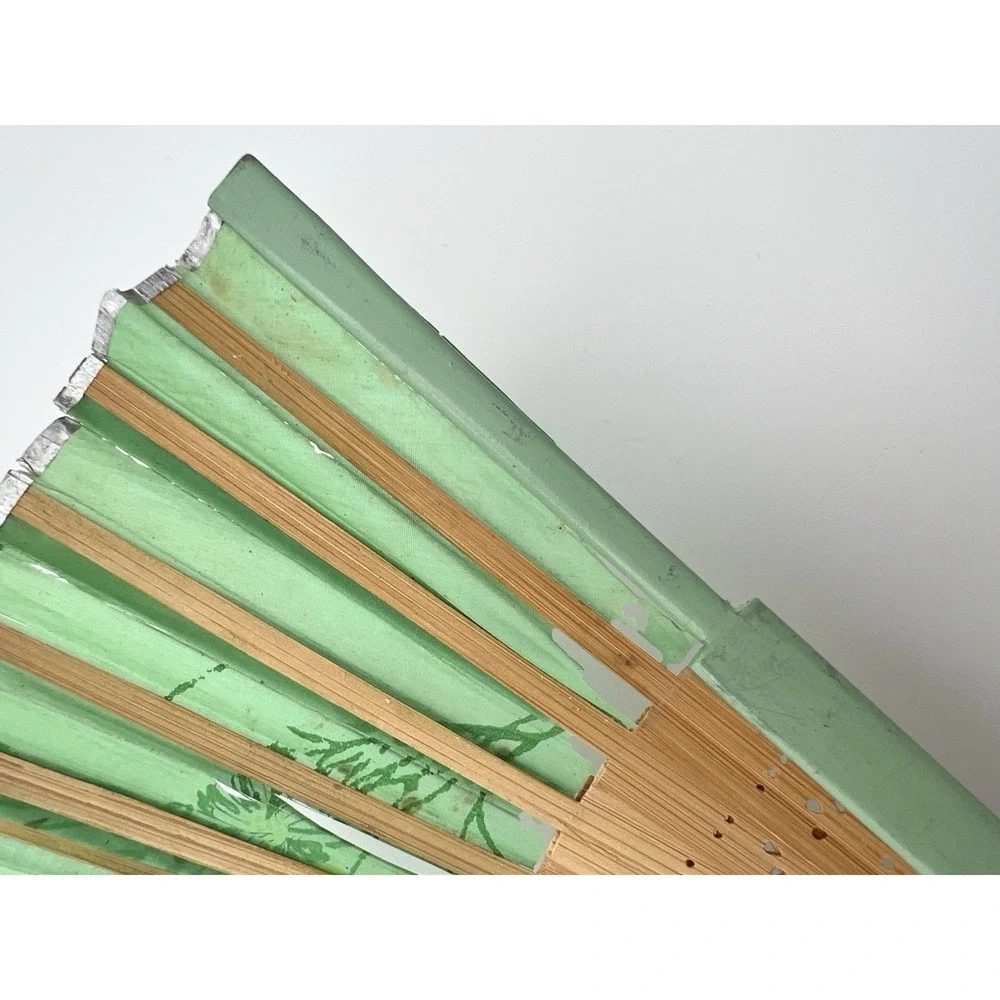 Vintage / Antique Paper & Wood Hand Floral Fan Green